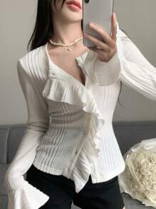 DAZY Chất rắn Viền Ruffle Nút phía trước Tay áo loe Áo thun - trắng - Xem 1