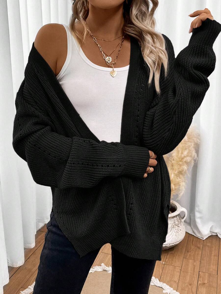 Drop Shoulder Casual Design Cardigan,Long Sleeve Tops,Knitted Sweater In Fall/Winter - Black - View 1