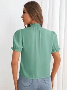 SHEIN Privé Frill Trim Puff Sleeve Blouse - Green - View 2