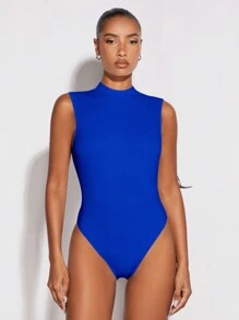 SHEIN BAE Solid Backless Mock Neck Bodysuit - Royal Blue - View 2