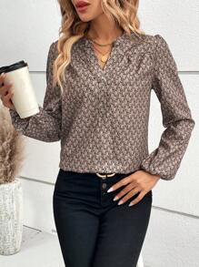 EMERY ROSE Allover Print Notched Neckline Lantern Sleeve Blouse - Coffee Brown - View 5