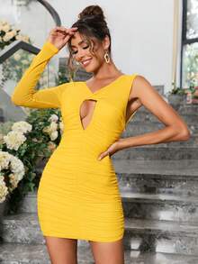 PARTHEA Vestido ajustado de manga asimétrica con abertura fruncido de malla