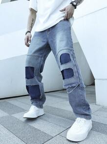 Manfinity EMRG Men Contrast Panel Ripped Straight Leg Jeans