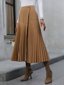 SHEIN Clasi Button Detail Pleated Skirt - Khaki - View 5