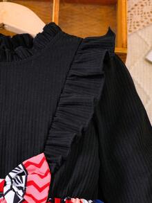 SHEIN 女小童幾何印花荷葉邊喇叭袖前蝴蝶結洋裝 - 黑色 - 查看 4