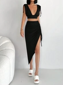 EURMUSE Solid Crop Tank Top & Drawstring Split Thigh Skirt - Black - View 4