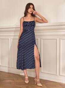 SHEIN Frenchy 波點圖案前繫帶高衩吊帶洋裝 - 藏蓝色 - 查看 2