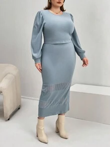 SHEIN Privé Plus Lantern Sleeve Top & Skirt - Blue - View 5