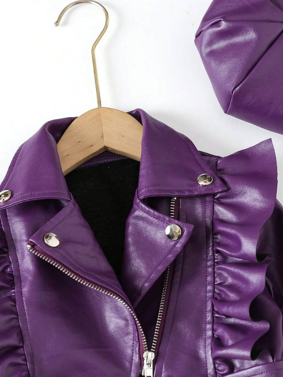 SHEIN Young Girl Ruffle Trim PU Leather Moto Jacket & Hat SHEIN Singapore