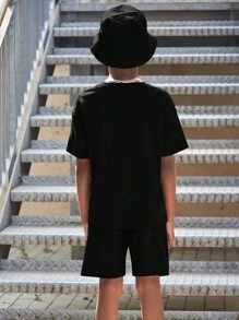 SHEIN 男大童遊戲手柄&字母圖案T恤和短褲 - 黑色 - 查看 2