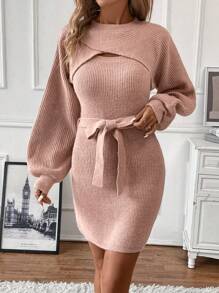SHEIN Clasi Lantern Sleeve Super Crop Sweater & Belted Sweater Dress - Dusty Pink - View 5