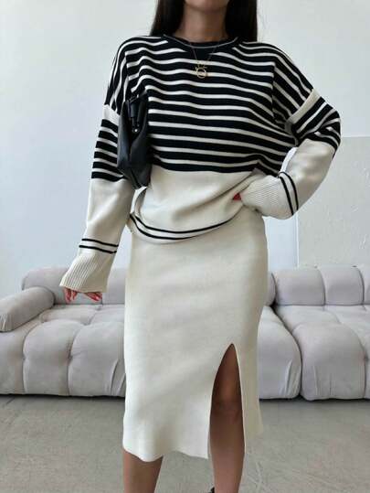 EURMUSE Striped Pattern Drop Shoulder Sweater & Split Thigh Knit Skirt