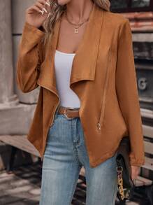 SHEIN Clasi Waterfall Collar Zip Front Jacket - Khaki - View 4