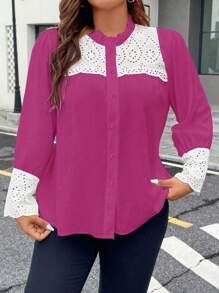 SHEIN Unity Plus Contraste Painel Bordado Ilhós Acabamento De Folho Botão Frontal Blusa - Pink - Visão 7
