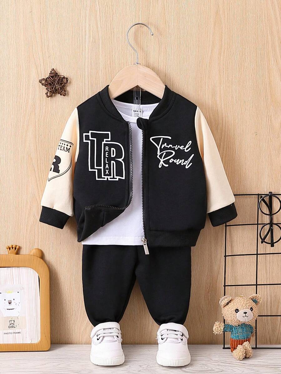 女嬰字母圖案飛行員夾克和運動褲不帶T恤 - 黑色 - 查看 1