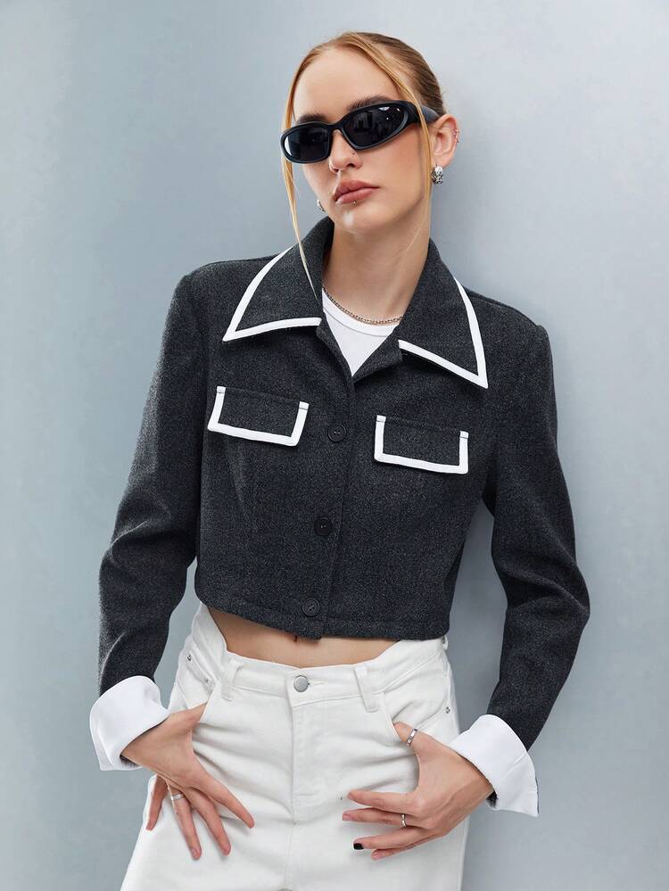 Contrast Trim Flap Detail Crop Overcoat Fall Cloth For Women