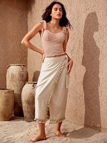 Bohemela Tie Shoulder Frill Trim Cami Top - Pink - View 6