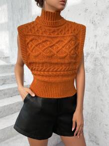 SHEIN Essnce 1pc Turtleneck Cable Knit Sweater Vest - Coffee Brown - View 4