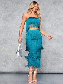 SHEIN X Antonella SHEIN BAE 流蘇邊抹胸上衣&半身裙 - 綠色 - 查看 1