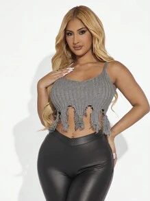 SHEIN SXY Viền không đối xứng Ngắn Cami Knit Top - Màu Xám nhạt - Xem 1