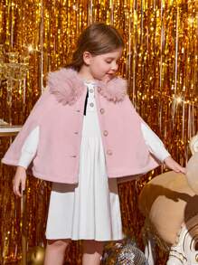 SHEIN Young Girl Fuzzy Collar Cloak Sleeve Overcoat - Pink - View 5