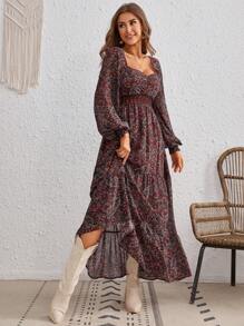 SHEIN VCAY Vestido con estampado de paisley escote corazón de manga farol bajo con fruncido