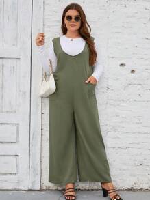 EMERY ROSE 大碼素色闊腿連體褲不帶T恤 - 軍綠色 - 查看 5