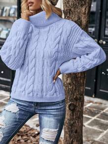 EMERY ROSE Turtleneck Cable Knit Drop Shoulder Sweater,Long Sleeve Tops Knit Pullover Fall Winter Sweater - Baby Blue - View 4
