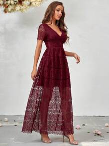 SHEIN Belle Cổ v Ren Váy phù dâu - Đỏ - Xem 6