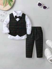 SHEIN 男小童前蝴蝶結襯衫&格紋印花馬甲和褲子 - 墨綠色 - 查看 1