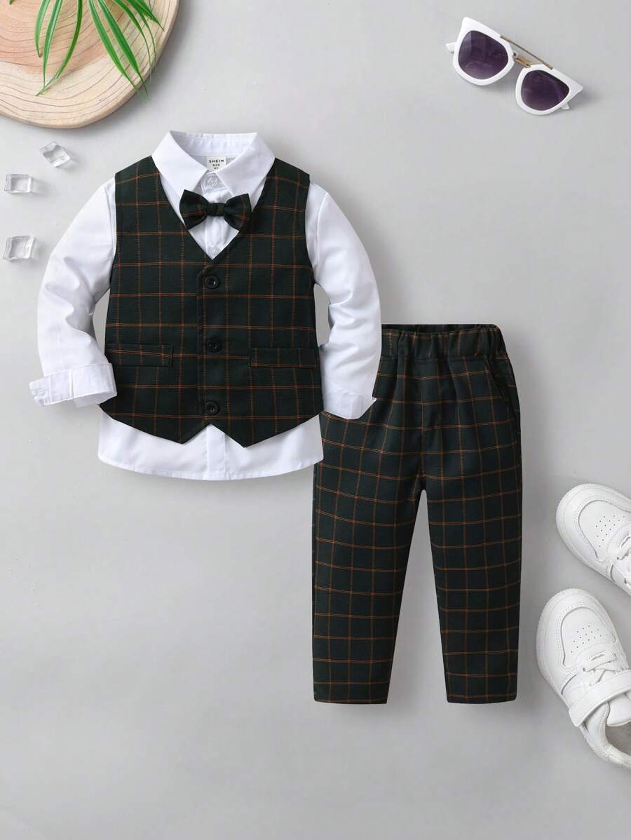 SHEIN 男小童前蝴蝶結襯衫&格紋印花馬甲和褲子 - 墨綠色 - 查看 1