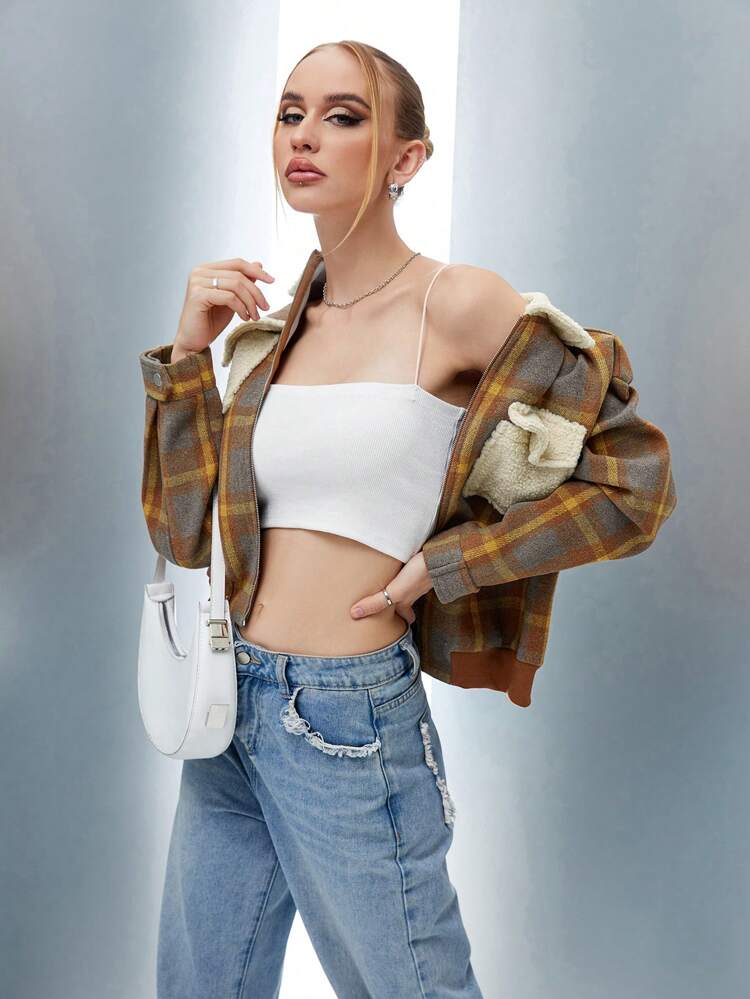 Plaid Print Flap Pocket Drop Shoulder Jacket Fall Cloth For Women