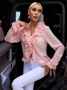 SHEIN Privé Ruffle Trim Flare Sleeve Crop Jacket - Pink - View 5