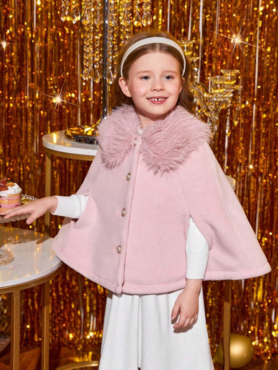 SHEIN Young Girl Fuzzy Collar Cloak Sleeve Overcoat - Pink - View 1