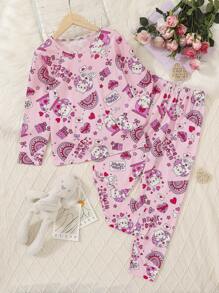 Tween Girl Cartoon & Heart Print Tee & Pants PJ Set - Baby Pink - View 1