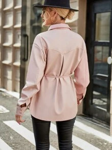 GENKIRA Flap Pocket Drop Shoulder Belted Coat Fall Cloth For Women - Pink - View 2