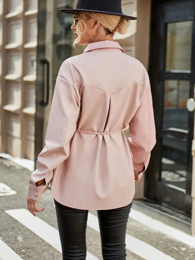 Flap Pocket Drop Shoulder Belted Coat Fall Cloth For Women