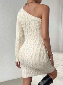 Chiquease One Shoulder Cable Knit Bodycon Sweater Dress Fall Winter Cloth For Women - Apricot - View 2