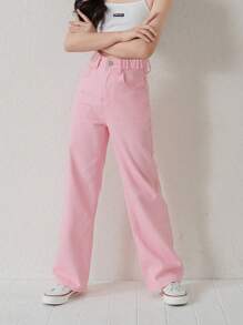 SHEIN Tween Girl Y2K Street Daily 弹性腰部直筒牛仔裤，配有扁平口袋，女孩日常 OOTD 服装 - 淺粉色 - 查看 3