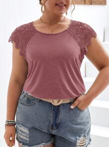 SHEIN Frenchy Talla grande Camiseta con encaje en contraste de manga raglán - Rosa vieja - Ver 5