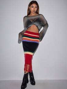 SHEIN Unity Vintage Striped Pattern Fringe Hem Contrast Color Sweater Skirt - Multicolor - View 3
