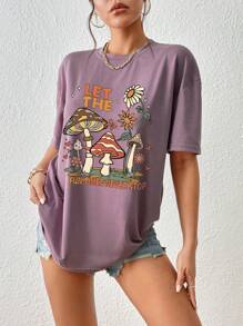INAWLY 蘑菇和口号图案落肩 T 恤让欢乐时光永不停歇 - 淡紫色 - 查看 6