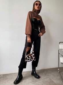 SHEIN Privé 高領超短版套頭毛衣不附抹胸 - 棕色 - 查看 4