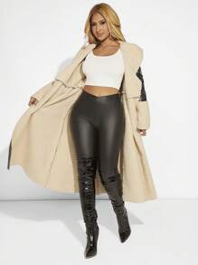 SHEIN SXY Two Tone Belted PU Leather Coat - Black - View 3