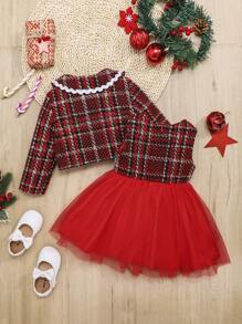 SHEIN Baby Girl Plaid Print Statement Collar Jacket & Mesh Overlay Dress