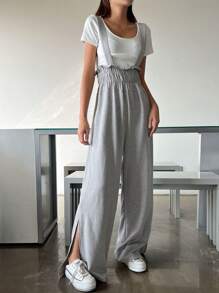 DAZY Paperbag Waist Split Hem Wide Leg Pants - Grey - View 1