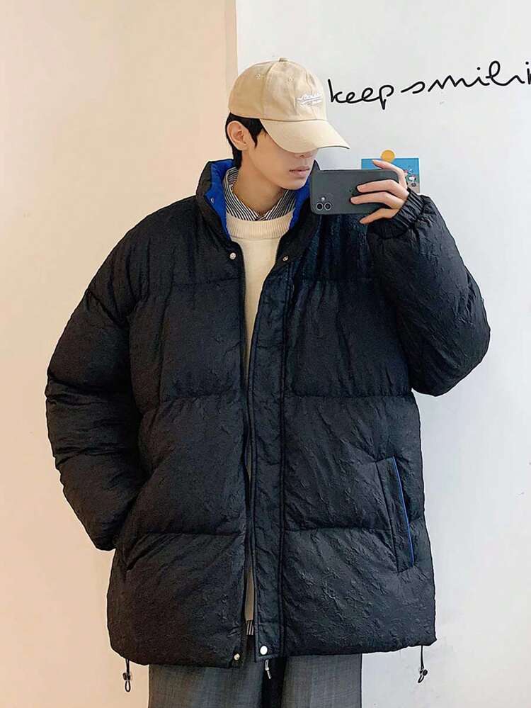 Loose Fit Men's Letter Patched Drop Shoulder Zipper Padded Coat