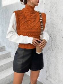 SHEIN Essnce 1pc Turtleneck Cable Knit Sweater Vest - Coffee Brown - View 1