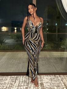 SHEIN SXY Allover Print Criss Cross Backless Cami Dress - Black - View 1