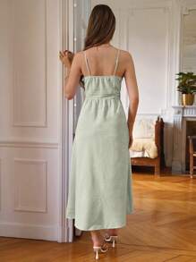 SHEIN Frenchy Striped Button Front Cami Dress - Green - View 2